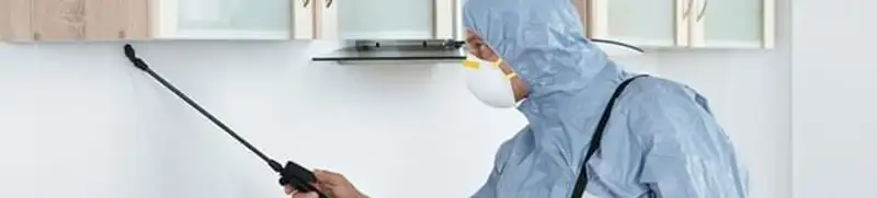 Termite treatment technician applying indoor pest control spray in Atlanta, GA